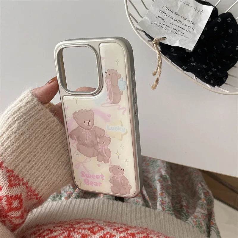 Cute Phone Cases For iPhone 16, 15, 14, 13 Pro Max - Silver Border, Cartoon Fairy Pink Bow Bear - Drip Glue Cover - CC0440 - Touchy Style