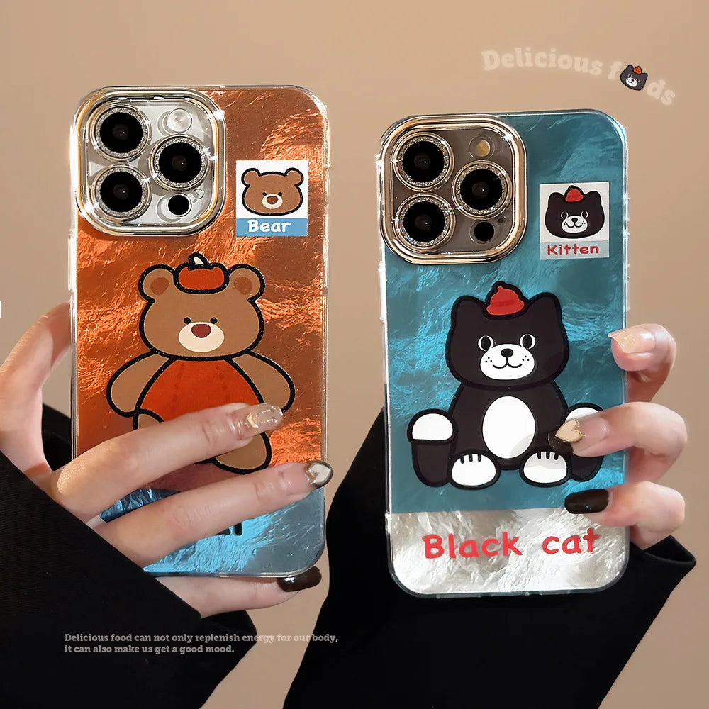 Cute Phone Cases For iPhone 16, 15, 14, 13, 12, 11 Pro Max - Pumpkin Bear, Lucky Cat Pattern - Glitter Cover - IC4440