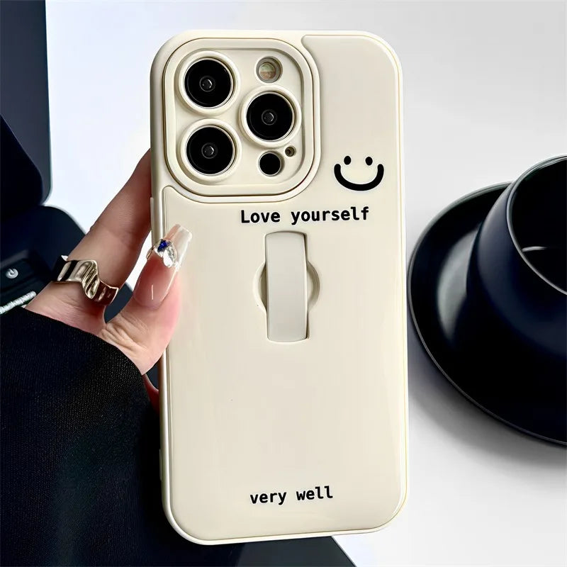 Cute Phone Cases: Cartoon Smile Words Ring Holder for iPhone 11-15 Pro Max - TSP318