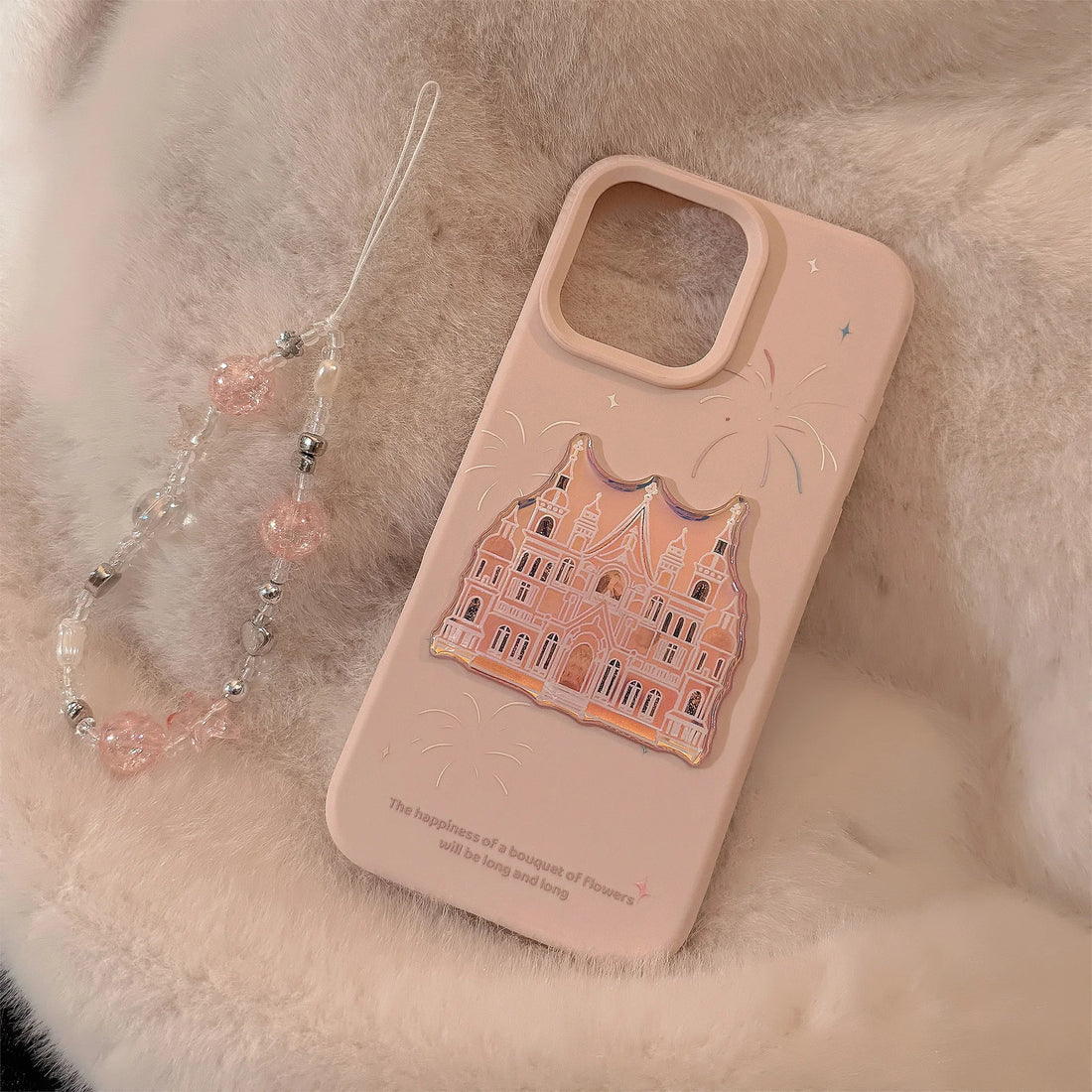 Cute Phone Cases For iPhone 16, 15, 14, 13, 12, 11 Pro Max - Pink Castle, Laser Art with Sweet Bracelet Pendant - IC1050