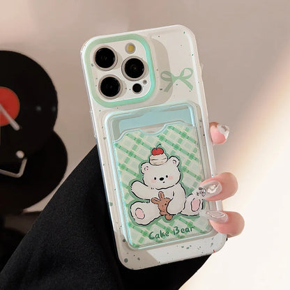 Cute Phone Cases For iPhone 16, 15, 14, 13 Pro Max, Xr, 15, 14, 16 Plus - Cherry Cake Bear Doll - Green plaid Photo Card Holder - IC5320