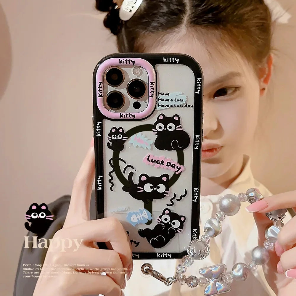 Cute Phone Cases For iPhone 16, 15, 14, 13, 12, 11 Pro Max, Xr, 16 Plus - Funny Black Cat Cartoon Cover with Wristchain - IC9420