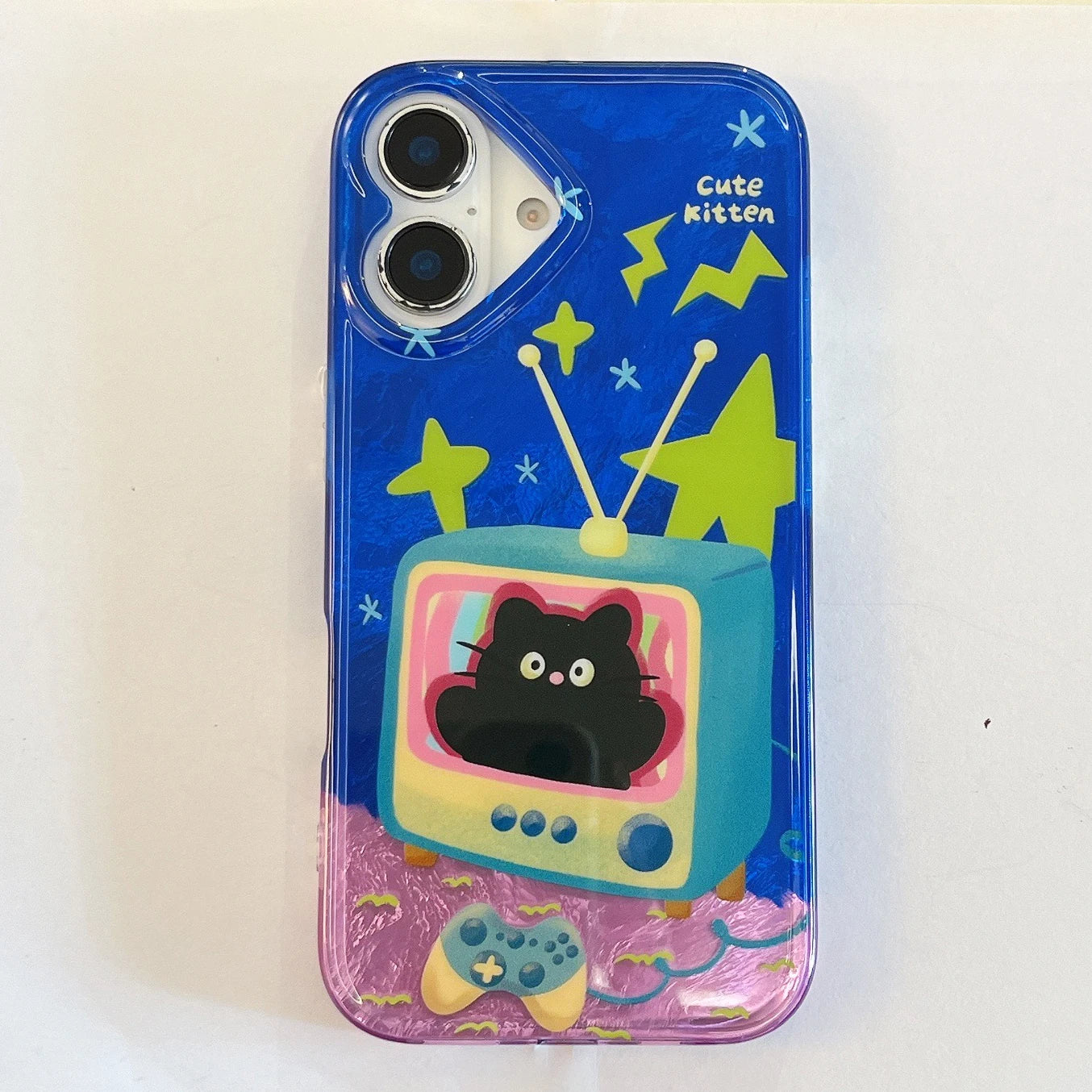 Cute Phone Cases For iPhone 16, 15, 14, 13 Pro Max - Cartoon Blue Kitten in TV - Double Layers IMD Back Cover - PC7420