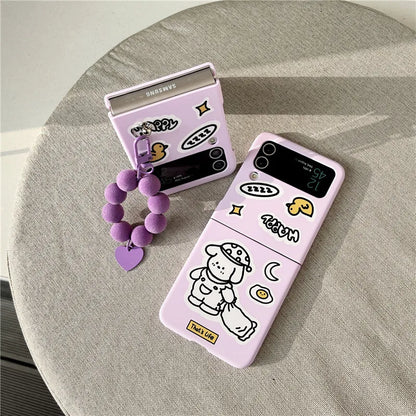 TSP76 Cute Phone Cases For Galaxy Z Flip 3 4 Flip4 5G - Cartoon Purple Cover With Lanyard