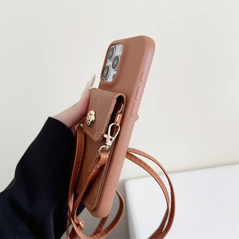 Cute Phone Cases for iPhone 16 Pro Max, 15, 14 Plus, 13, 12, 11, XS, XR, X - Crossbody Lanyard Leather Cover - PC02