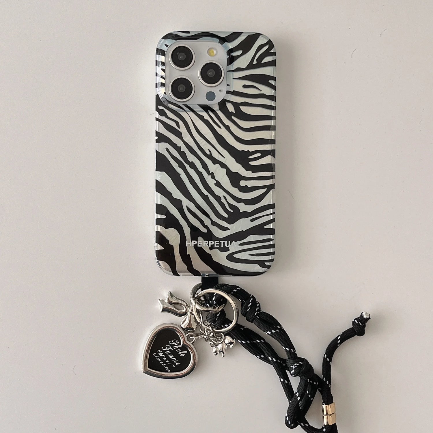 Cute Phone Cases iPhone 16, 15, 14, 13 Pro Max - Double Layers Zebra Pattern - Black Heart Wrist Chain - PC1420