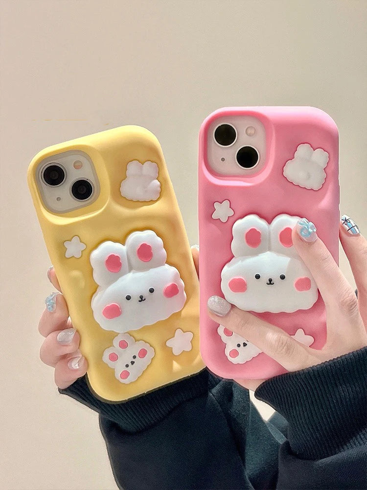 Cute Phone Cases - 3D Rabbit Folding Silicone Stand Cover for iPhone 15/14/13/12/11 Pro Max - TSP286