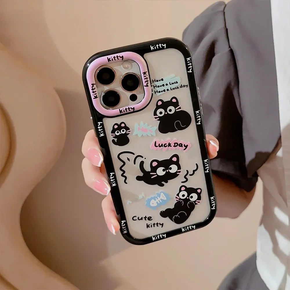 Cute Phone Cases For iPhone 16, 15, 14, 13, 12, 11 Pro Max, Xr, 16 Plus - Funny Black Cat Cartoon Cover with Wristchain - IC9420