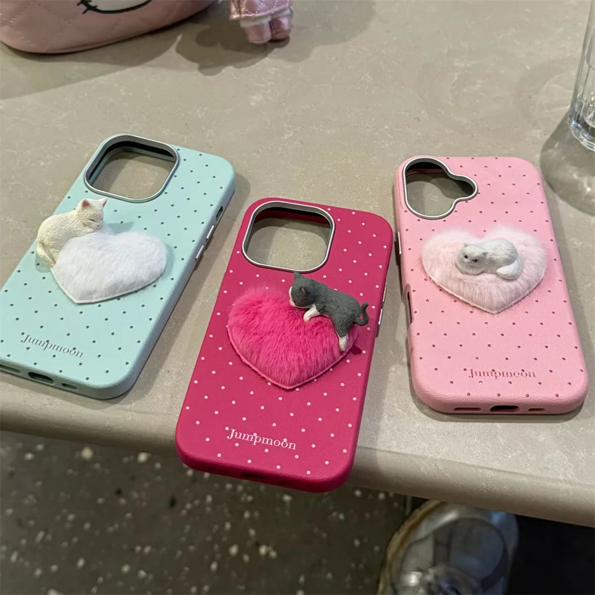 Cute Phone Cases for iPhone 16, 15, 14, 13, 12 Pro Max - 3D Cat with Fur Heart - TSP327