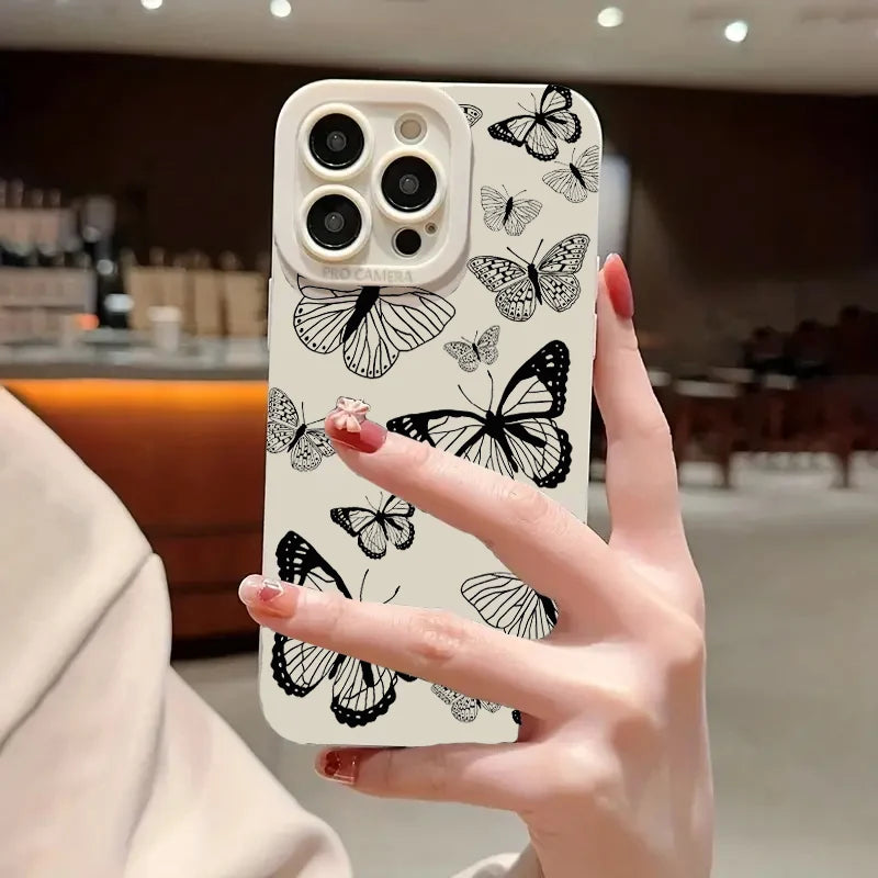 Cute Phone Cases For iPhone 16 15 Pro Max 14 Plus 13 12 Mini 11 - Black Butterfly Graphic Printing Back Cover