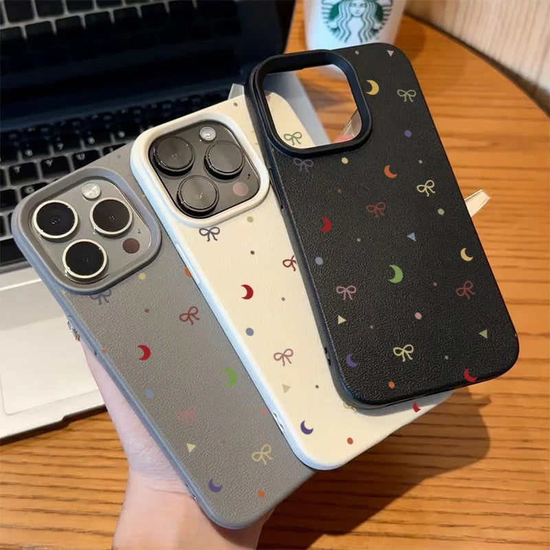 Cute Phone Cases For iPhone 11 12 13 14 15 16 Pro Max - Colorful Moon Bow Lichee Pattern - Silicone Cover