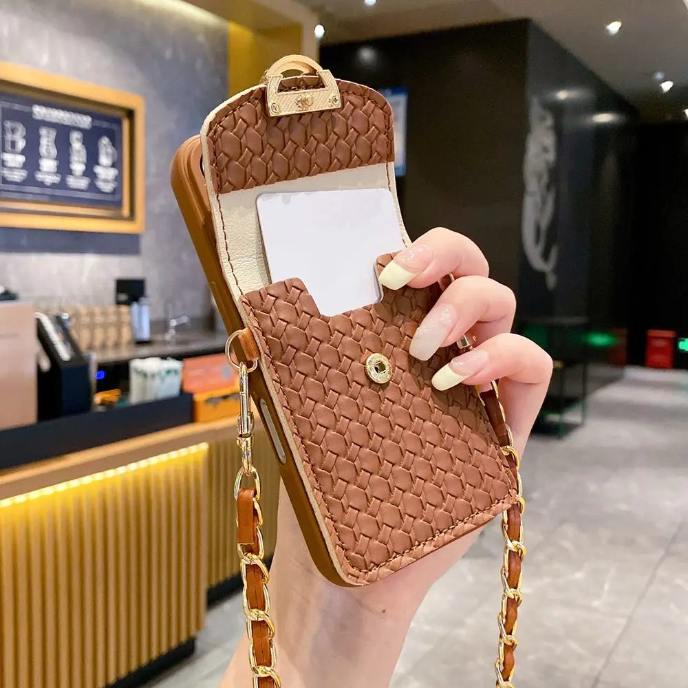 Cute Phone Cases for iPhone 16, 11, 12, 13, 14, 15 Pro Max - Woven Pattern - Wallet Card Holder with Lanyard Cover - NU415