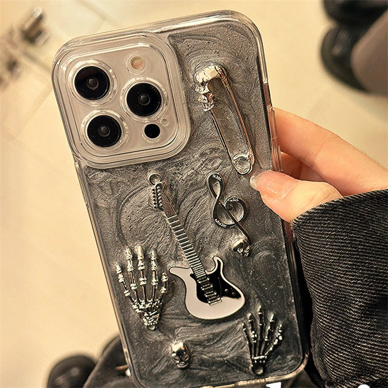 Cute Phone Cases for iPhone 15, 14, 13, and 12 Pro Max - Skull Guitar, Epoxy Back Cover - TSP461