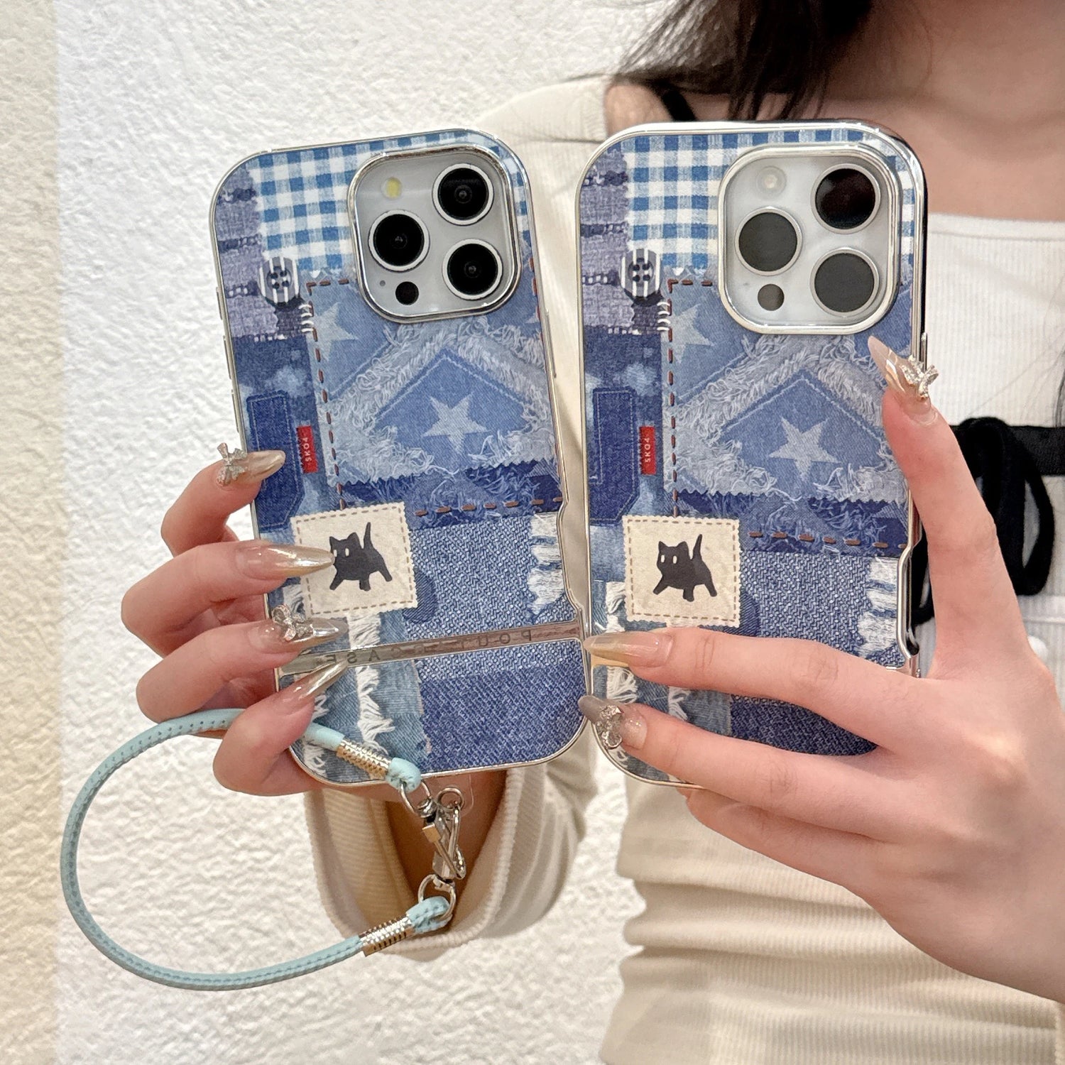 Cute Phone Cases For iPhone 16, 15, 14, 13 Pro Max - Splicing Denim Cloth Little Cat Pattern - Back Cover with Wrist Strap - PC6320