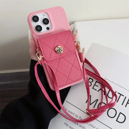 Cute Phone Cases for iPhone 16 Pro Max, 15, 14 Plus, 13, 12, 11, XS, XR, X - Crossbody Lanyard Leather Cover - PC02