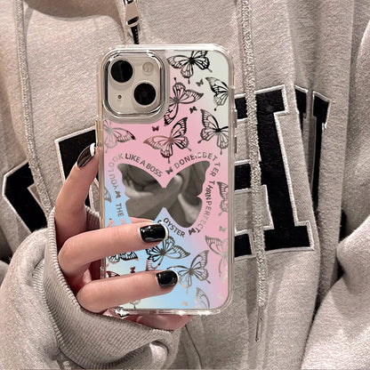 Cute Phone Cases: Lovely Butterfly Silver Mirror Back Cover with Cat Ears for iPhone 11-15 Pro Max - TSP288