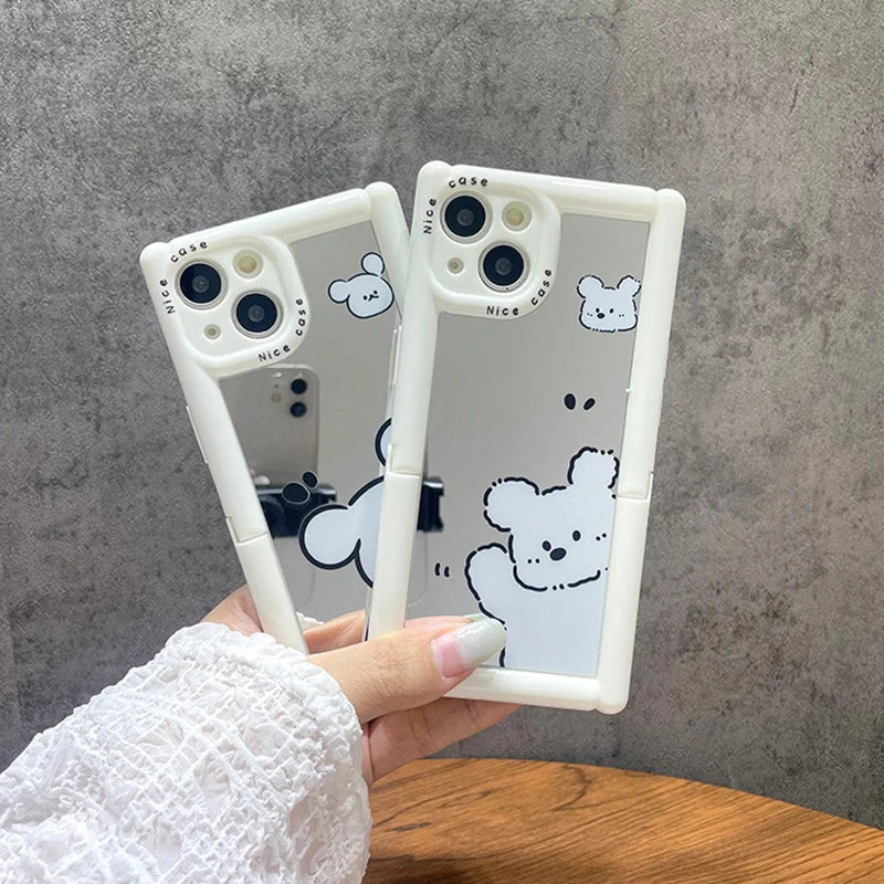 Cute Phone Cases - White Puppy Dog Makeup Mirror with Kickstand for iPhone 11-15 Pro Max - TSP297