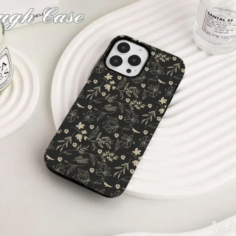 Cute Phone Cases For iPhone 16 Pro Max, 15, 14, 13, 12, or 11 Pro Plus - Black Pressed Flowers - TSP513