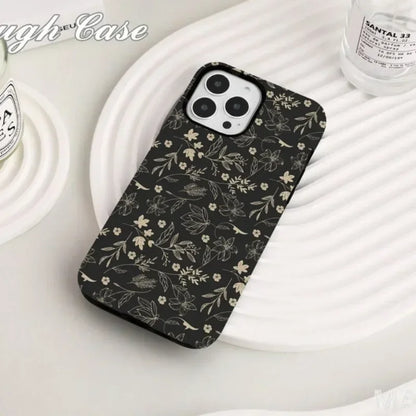 Cute Phone Cases For iPhone 16 Pro Max, 15, 14, 13, 12, or 11 Pro Plus - Black Pressed Flowers - TSP513