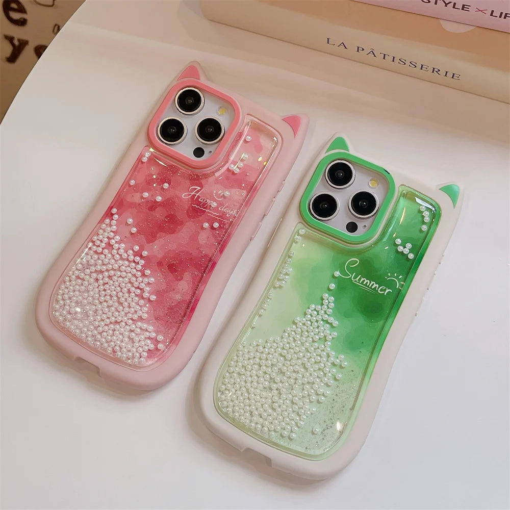 Cute Phone Cases: Gradient Pink Green Cat Ears Back Cover for iPhone 11-15 Pro Max - TSP290