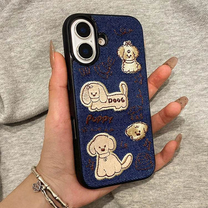 Cute Phone Cases For iPhone 16 Pro Max, 15, 13, 14, 12, 11 - Cartoon Embroidered Dog - Fabric Back Cover - PC9410 - Touchy Style