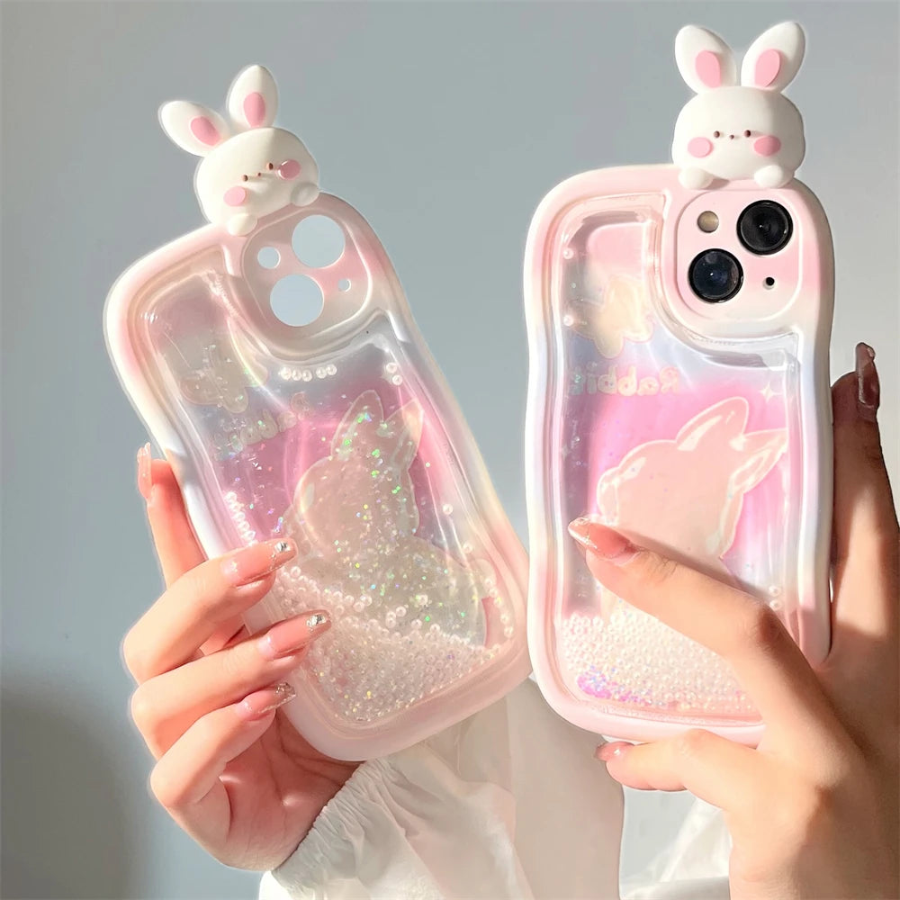 Cute Phone Cases: 3D Rabbit Quicksand Glitter Silicone for iPhone 11-15 Pro Max - TSP291