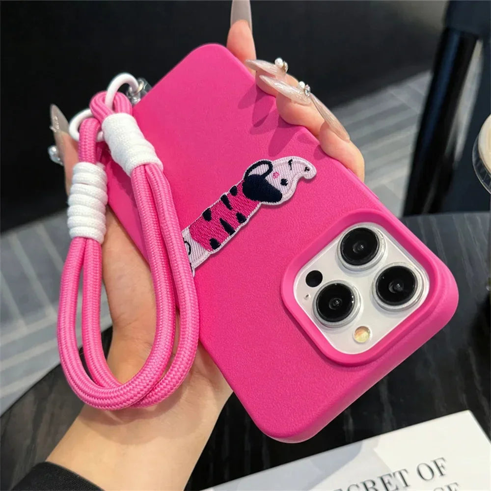 Cute Phone Cases For iPhone 16 Pro Max, 7, 8 Plus, and SE - Lazy Dog, Candy Leather Cover with Wrist Chain - TSP478