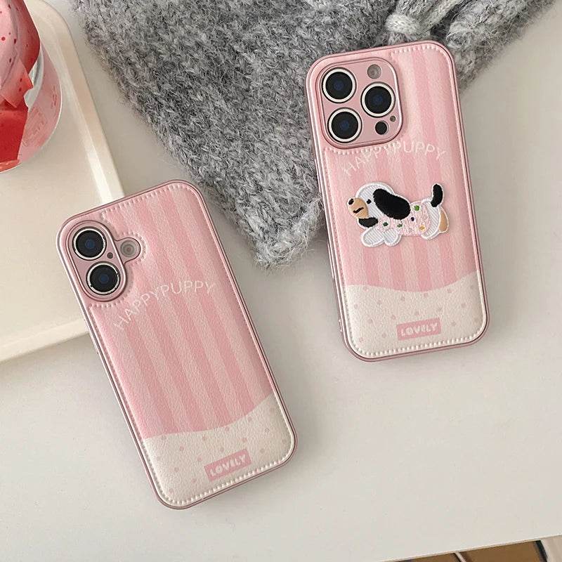 Cute Phone Cases For iPhone 16, 15, 13, 14 Pro Max - Pink Cartoon Dog Puppy - Soft Leather Cover - PC4421 - Touchy Style