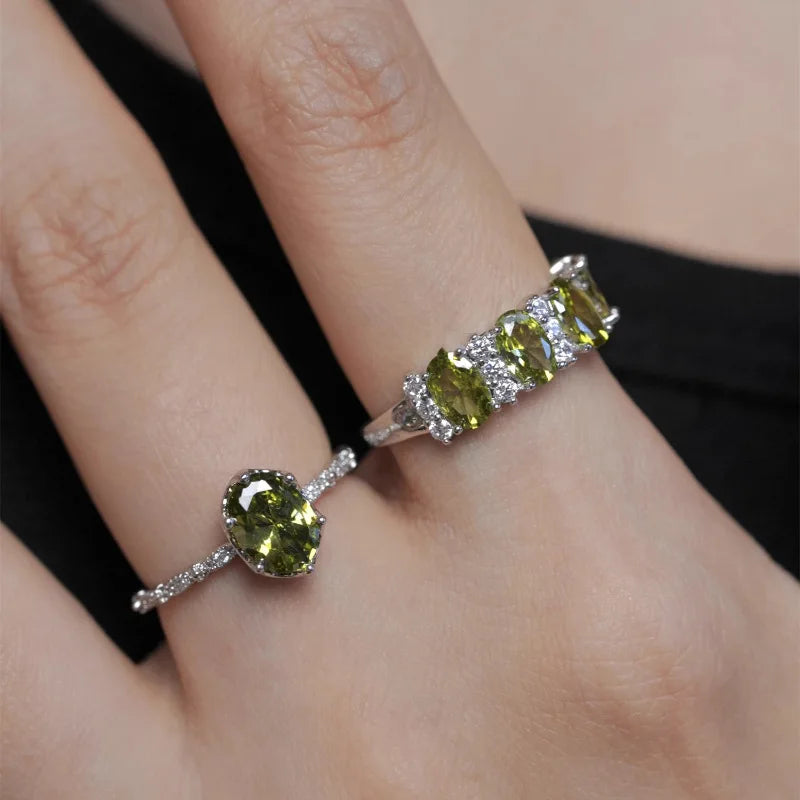 925 Sterling Silver Open Finger Ring Charm Jewelry - Green Oval Clear Dazzling Stackable - TSJ88