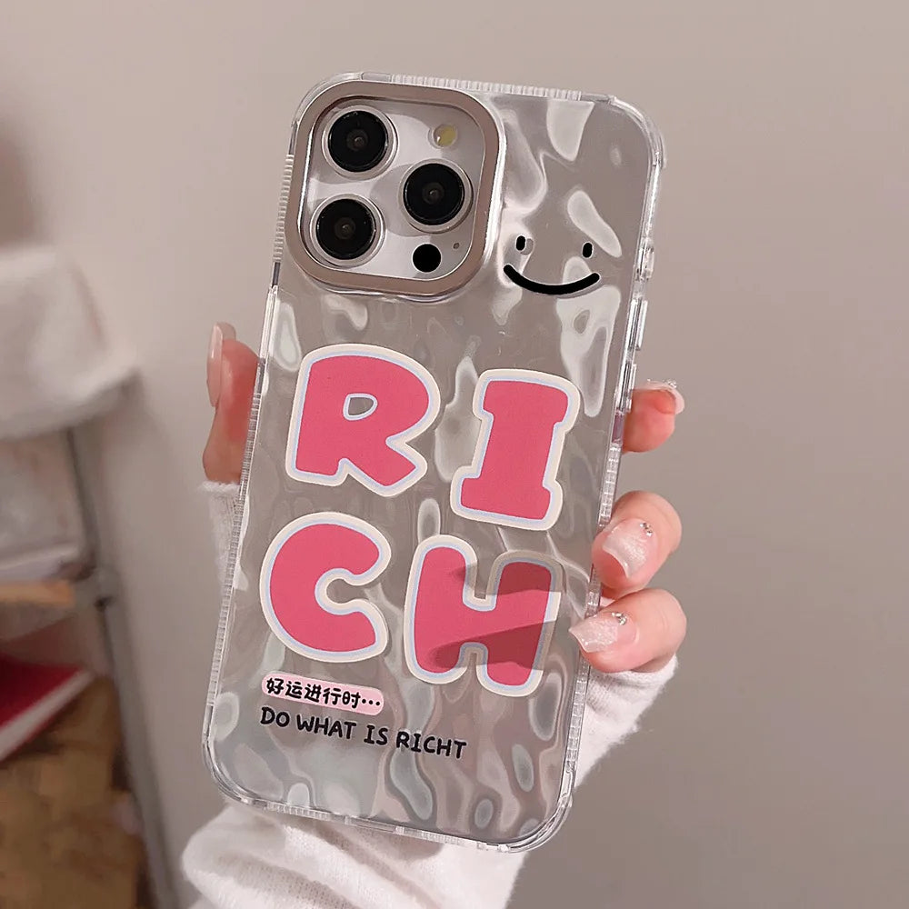 Cute phone Cases For iPhone 15, 14, 13, 12 Pro Max, 15 14 Plus - Pink Good Luck Rich Letters, Water Ripple Art Cover - IC7011