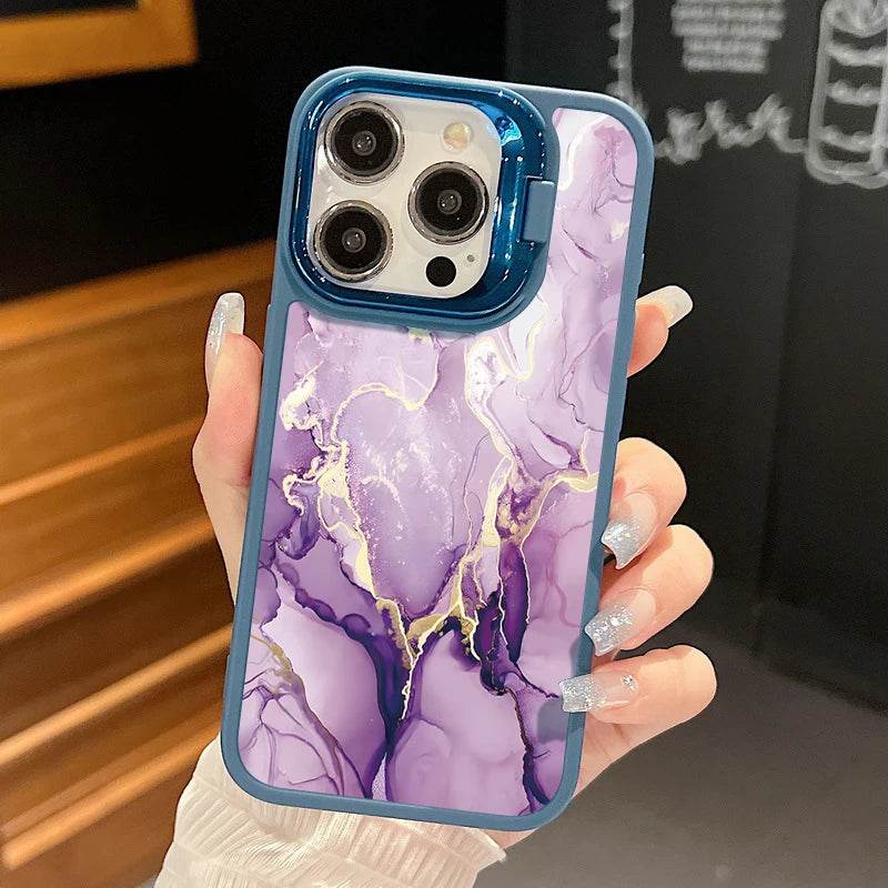 Cute Phone Cases For iPhone 16, 15 Pro Max, 14, 15 Plus, 13, 12 Pro Max, 11 - Lens Frame Holder - Purple Marble Printed Cover - PC6120 - Touchy Style