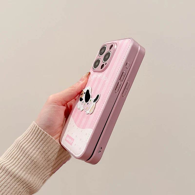 Cute Phone Cases For iPhone 16, 15, 13, 14 Pro Max - Pink Cartoon Dog Puppy - Soft Leather Cover - PC4421 - Touchy Style