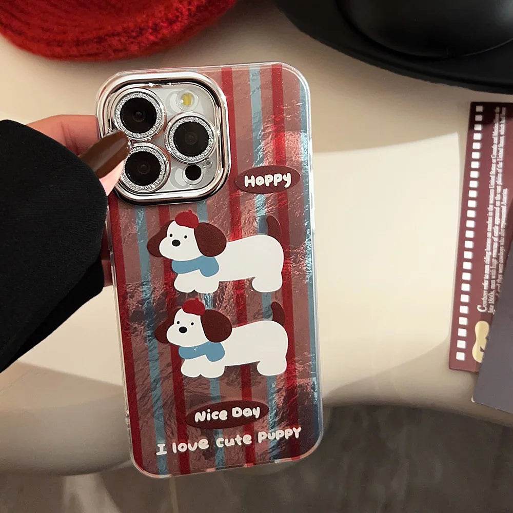 Cute Phone Cases For iPhone 16, 15, 14, 13, 12, 11 Pro Max, 16 Plus - Cartoon Puppy - Stripes Art - Bell Plush Ball Pendant - CC1240 - Touchy Style