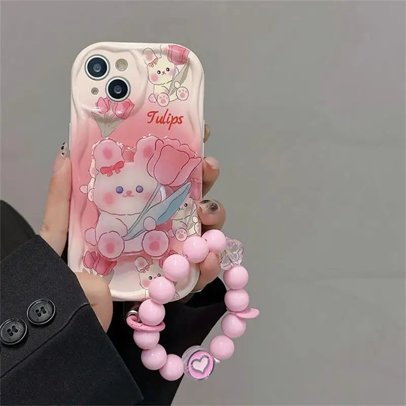 Pink Tulip Rabbit Cute Phone Case With Holder For iPhone 15, 14 Plus, 7, 8, X, XS, XR, 11, 12, and 13 Pro Max - B Pattern