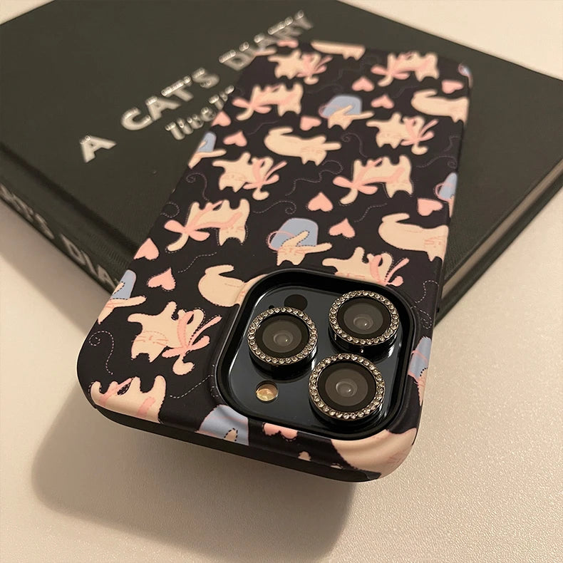 Cute Phone Cases For iPhone 15PRO MAX, 14, 13, 12, 11 PRO, 11 Plus, 15pro - Black Bowknot Cat Pattern - Acrylic TPU Cover - IC4010