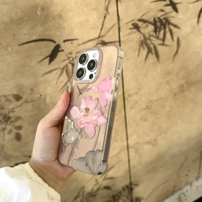 Cute Phone Cases For iPhone 16, 15, 14, 13, 12 Pro Max - Lotus leaf Flowers Chinese Style ink Painting Soft Cover - CC5311 - Touchy Style