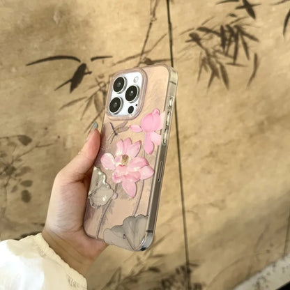 Cute Phone Cases For iPhone 16, 15, 14, 13, 12 Pro Max - Lotus leaf Flowers Chinese Style ink Painting Soft Cover - CC5311