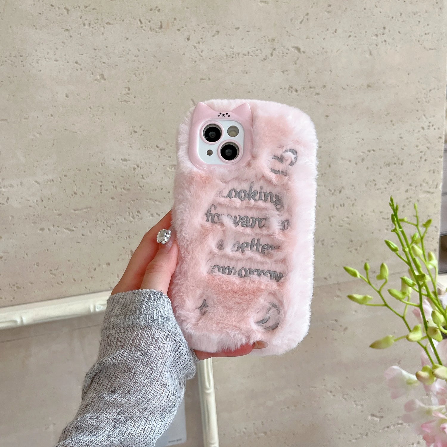 Cute Phone Cases For iPhone 16, 15, 14, 13 Pro Max - Pink &amp; White Fluffy with English Letter - Cat Ear Lens Frame - PC5330