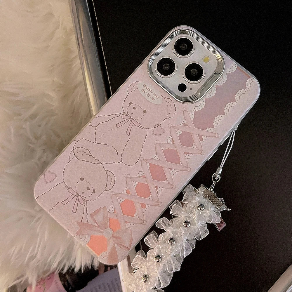 Cute Phone Cases For iPhone 15, 14, 13, 12 Pro Max, 14, 15 Plus, 11 - Cartoon Bear Bowknot Ribbon Pendant - PC5220