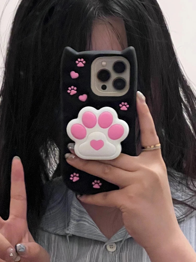 Cute Phone Cases: 3D Cat Paw Silicone Case with Stand for iPhone 15/14/13/12 Pro Max - TSP310