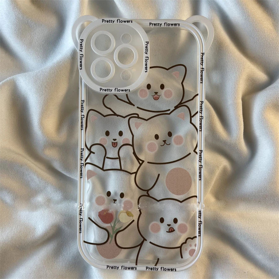 Transparent Cat Bear Cute Phone Cases For iPhone 16, 15, 14, 13, 11, 12 Pro Max, XS, X, XR, 8, 7 Plus