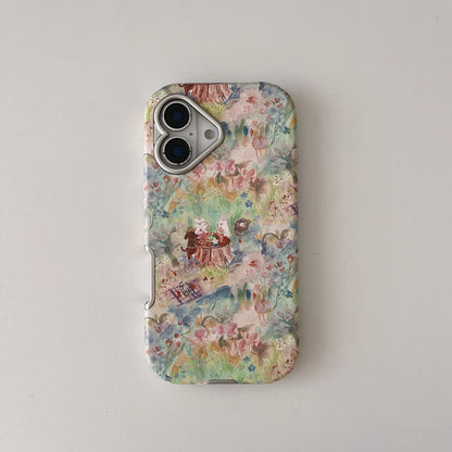 Cute Phone Cases For iPhone 16, 15, 14, 13 Pro Max - Vintage Oil Painting Animal Picnic in Garden - Electroplated Chic Cover - PC5330