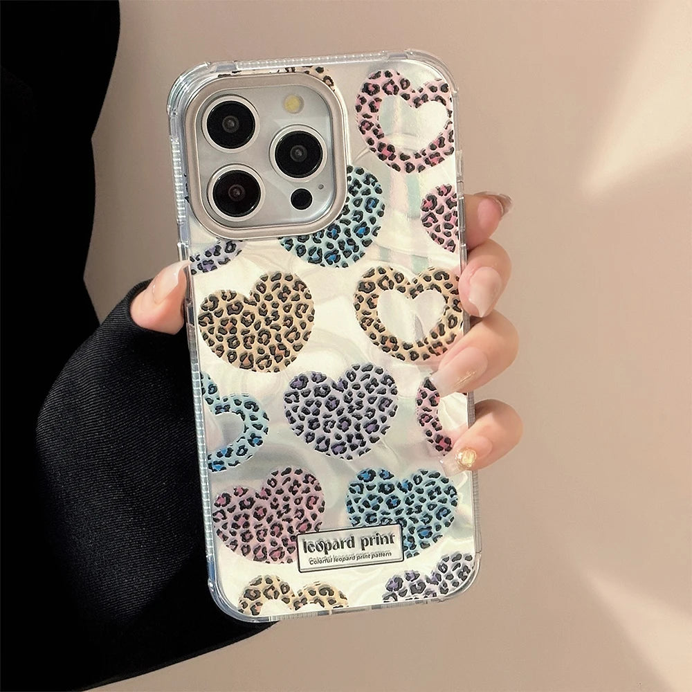 Cute Phone Cases: Leopard Print Love Heart IMD Silicone for iPhone 12-15 Pro Max - TSP299