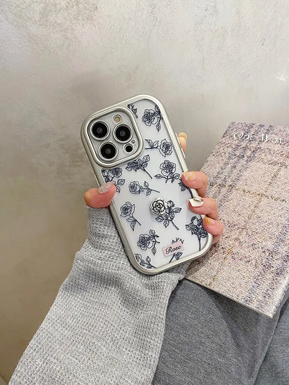 Cute Phone Cases: 3D Black Rose Flowers Silver Bumper Clear Back Cover for iPhone 11-15 Pro Max - TSP312