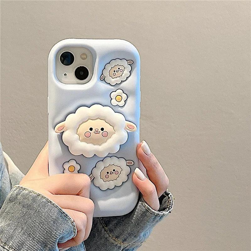 Cute Phone Cases For iPhone 15, 13, 14, 12 Pro Max, 11, and 14 Pro Max - White Sheep - Folding Stand Holder  - TSP253