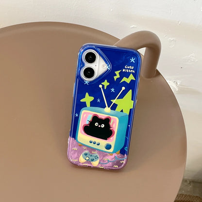 Cute Phone Cases For iPhone 16, 15, 14, 13 Pro Max - Cartoon Blue Kitten in TV - Double Layers IMD Back Cover - PC7420