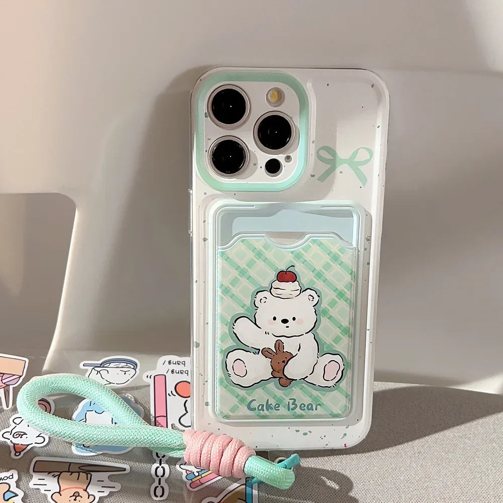 Cute Phone Cases For iPhone 16, 15, 14, 13 Pro Max, Xr, 15, 14, 16 Plus - Cherry Cake Bear Doll - Green plaid Photo Card Holder - IC5320