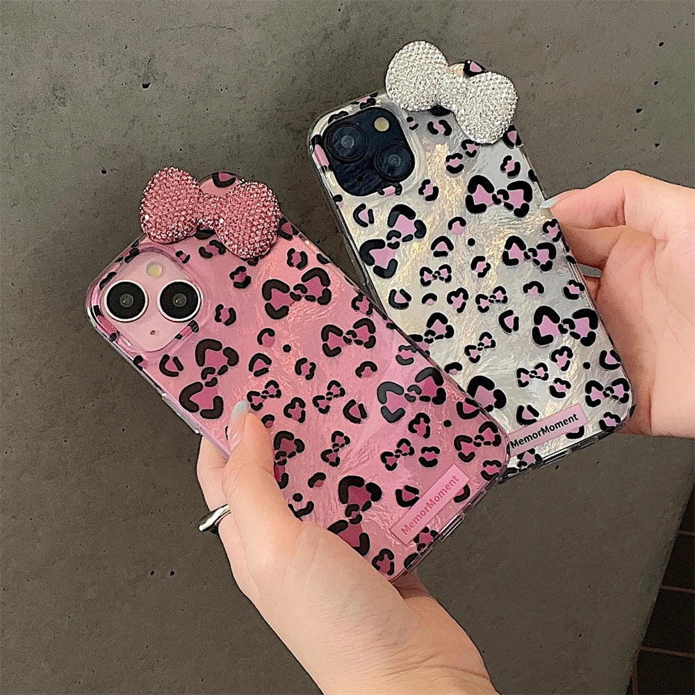 Cute Phone Cases: Stylish Leopard 3D Glitter Bow for iPhone 11-15 Pro Max - TSP317