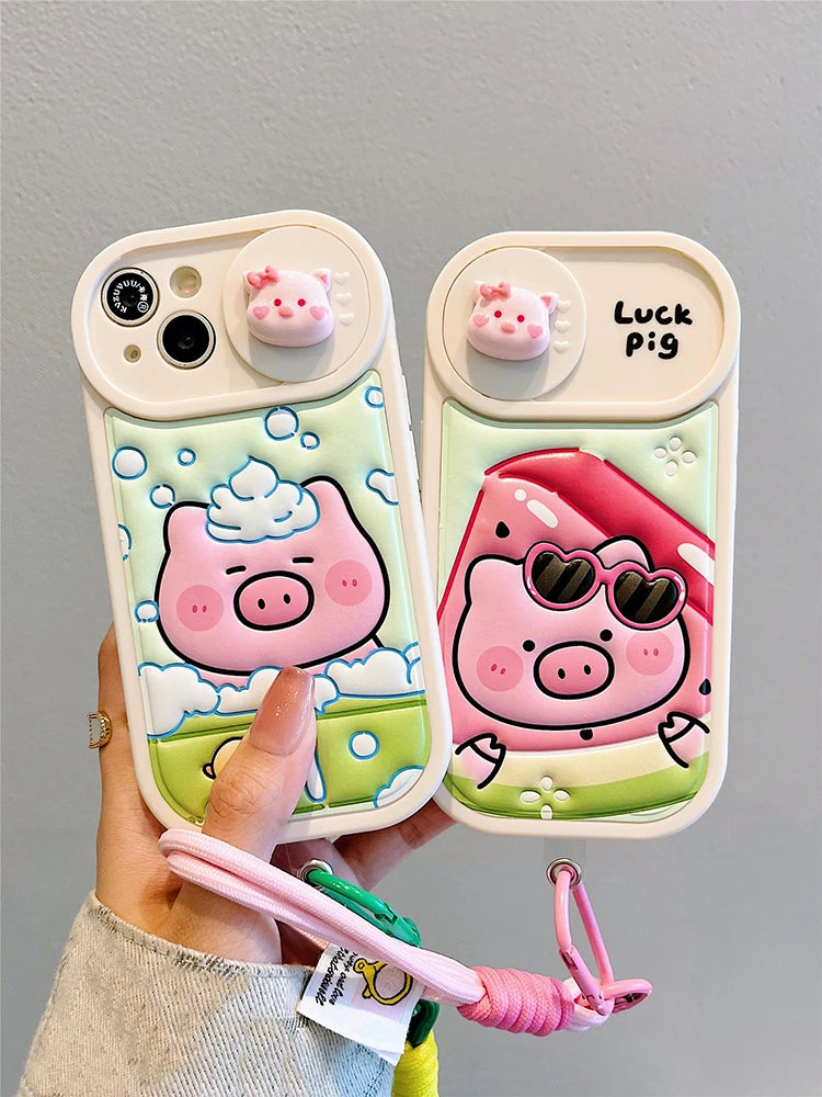 Cute Phone Cases: Cartoon Pig Lens Protector Case with Bracelet for iPhone 15/14/13/12 Pro Max - TSP314