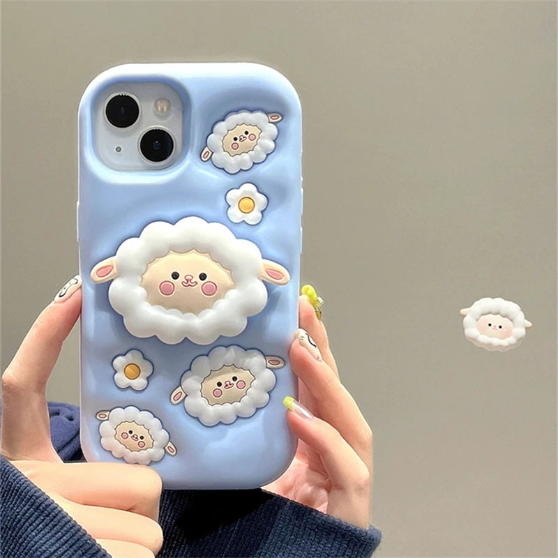 Cute Phone Cases For iPhone 15, 13, 14, 12 Pro Max, 11, and 14 Pro Max - White Sheep - Folding Stand Holder  - TSP253